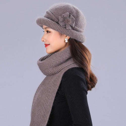 Load image into Gallery viewer, Winter Rabbit Wool Casual Warm Knitted Winter Beanie And Scarf-women-wanahavit-khaki Hat and scarf-wanahavit
