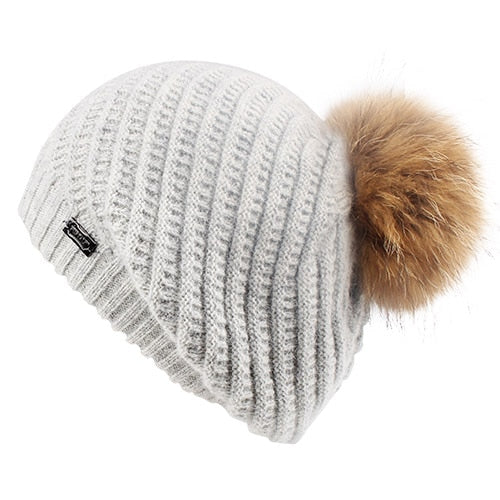 Load image into Gallery viewer, Winter Angola Rabbit Fur Pom Pom Casual Warm Knitted Winter Beret-women-wanahavit-Light Grey fur pom-wanahavit
