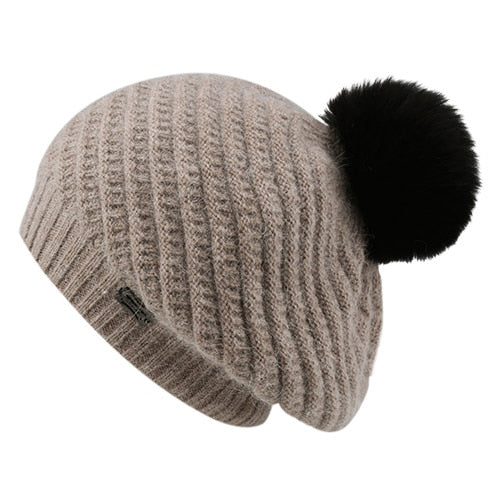 Load image into Gallery viewer, Winter Angola Rabbit Fur Pom Pom Casual Warm Knitted Winter Beret-women-wanahavit-khaki black fox pom-wanahavit
