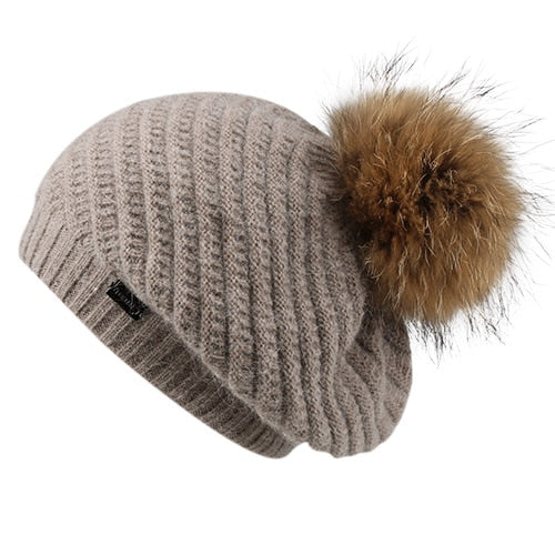 Load image into Gallery viewer, Winter Angola Rabbit Fur Pom Pom Casual Warm Knitted Winter Beret-women-wanahavit-Khaki fur pom-wanahavit
