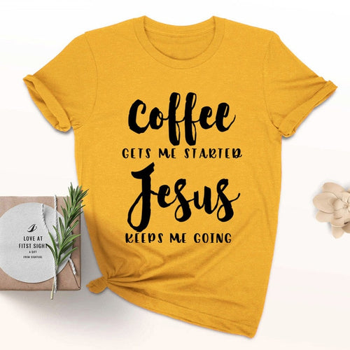 Load image into Gallery viewer, Coffee Gets Me Started Jesus Keeps Me Going Christian Statement Shirt-unisex-wanahavit-gold tee black text-L-wanahavit
