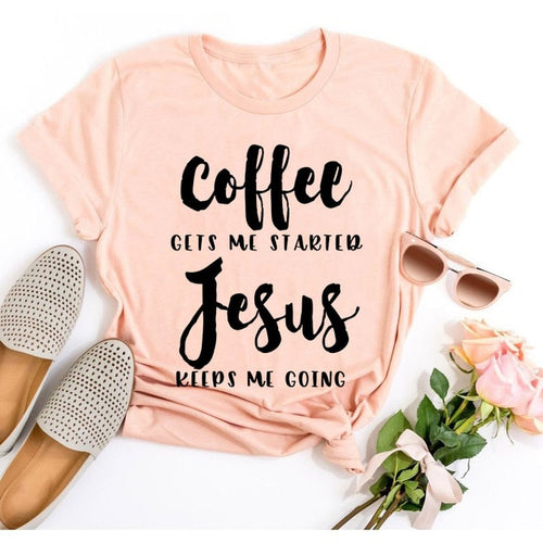 Load image into Gallery viewer, Coffee Gets Me Started Jesus Keeps Me Going Christian Statement Shirt-unisex-wanahavit-peach tee black text-L-wanahavit
