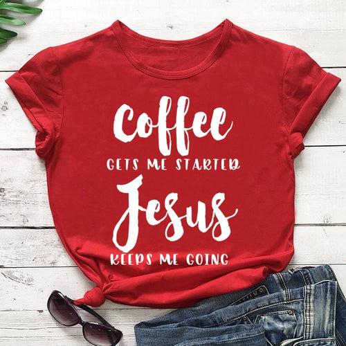 Load image into Gallery viewer, Coffee Gets Me Started Jesus Keeps Me Going Christian Statement Shirt-unisex-wanahavit-pink tee black text-L-wanahavit
