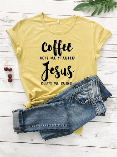 Load image into Gallery viewer, Coffee Gets Me Started Jesus Keeps Me Going Christian Statement Shirt-unisex-wanahavit-mustard-black text-L-wanahavit
