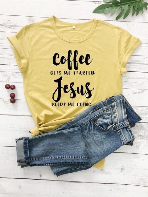 Coffee Gets Me Started Jesus Keeps Me Going Christian Statement Shirt-unisex-wanahavit-mustard-black text-L-wanahavit