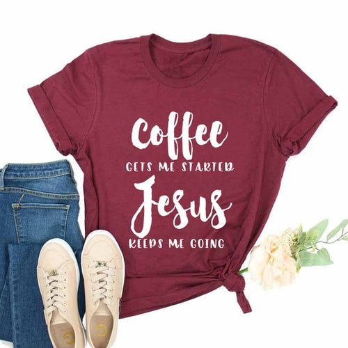 Load image into Gallery viewer, Coffee Gets Me Started Jesus Keeps Me Going Christian Statement Shirt-unisex-wanahavit-burgundy-white text-S-wanahavit

