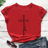 red tee black text