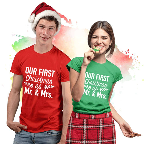Load image into Gallery viewer, Our First Christmas as Mr &amp; Mrs Matching Couple Tees-unisex-wanahavit-J266-MSTRD-XL-wanahavit
