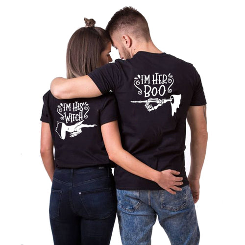Load image into Gallery viewer, I&#39;m Her Boo &amp; I&#39;m His Witch Couple Tees-unisex-wanahavit-37D9-FSTBK-S-wanahavit
