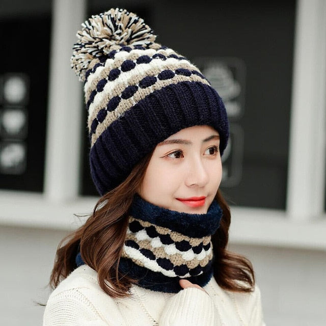 Thick Cotton And Ring Scarf Casual Warm Knitted Winter Beanie-women-wanahavit-Hat scarf black-wanahavit