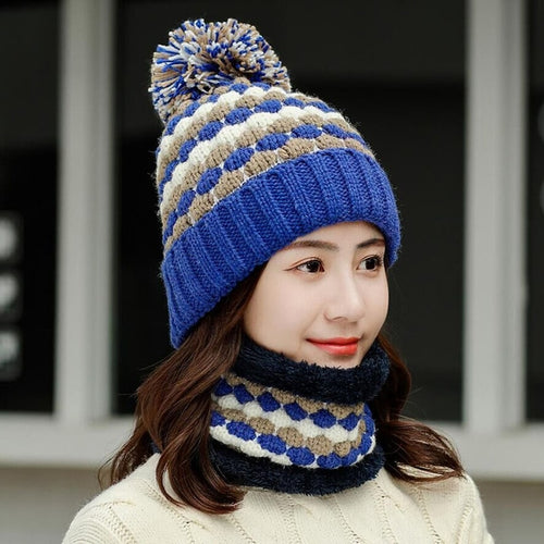 Load image into Gallery viewer, Thick Cotton And Ring Scarf Casual Warm Knitted Winter Beanie-women-wanahavit-Hat scarf blue-wanahavit
