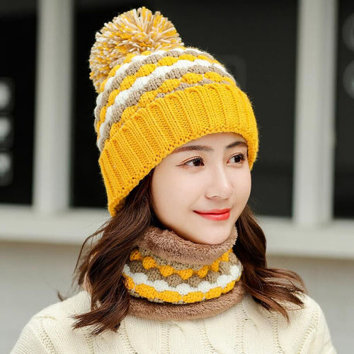 Load image into Gallery viewer, Thick Cotton And Ring Scarf Casual Warm Knitted Winter Beanie-women-wanahavit-Hat scarf yellow-wanahavit
