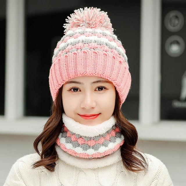 Thick Cotton And Ring Scarf Casual Warm Knitted Winter Beanie-women-wanahavit-Hat scarf pink-wanahavit