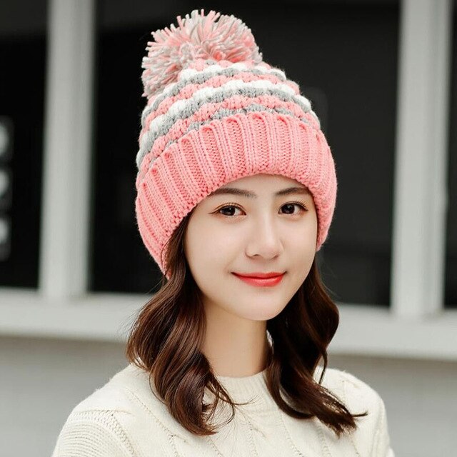 Thick Cotton And Ring Scarf Casual Warm Knitted Winter Beanie-women-wanahavit-Hat pink-wanahavit