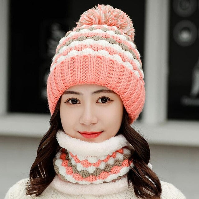 Thick Cotton And Ring Scarf Casual Warm Knitted Winter Beanie-women-wanahavit-Hat scarf Orange-wanahavit