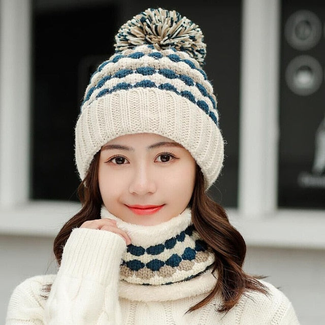 Thick Cotton And Ring Scarf Casual Warm Knitted Winter Beanie-women-wanahavit-Hat scarf beige-wanahavit