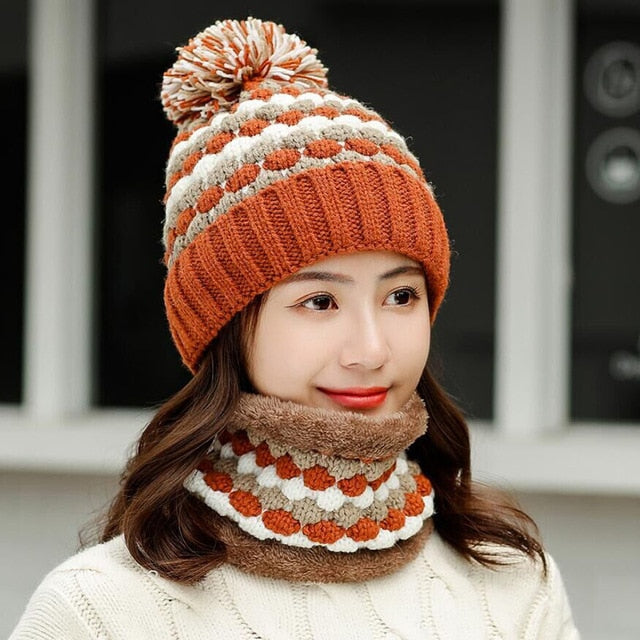 Thick Cotton And Ring Scarf Casual Warm Knitted Winter Beanie-women-wanahavit-Hat scarf caramel-wanahavit