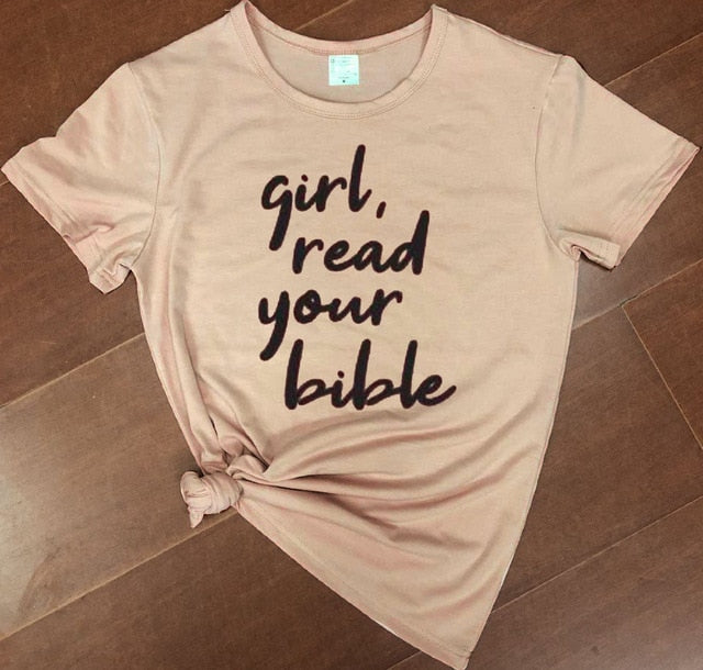 Girl Read Your Bible Christian Statement Shirt-unisex-wanahavit-peach tee black text-XXXL-wanahavit