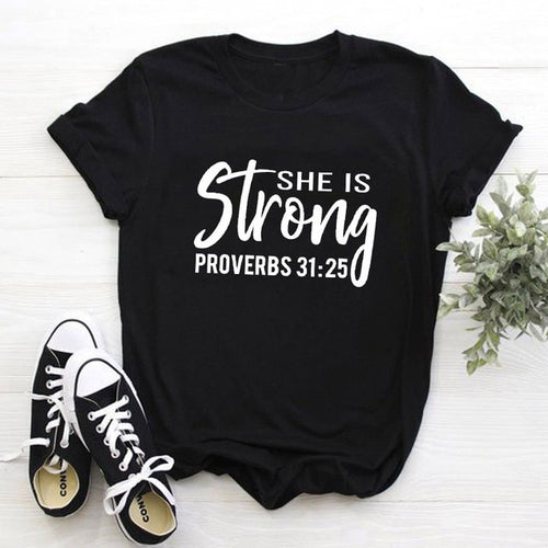 Load image into Gallery viewer, She is Strong Proverbs 31:25 Christian Statement Shirt-unisex-wanahavit-black tee white text-S-wanahavit
