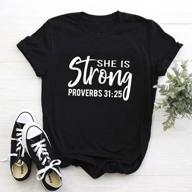 She is Strong Proverbs 31:25 Christian Statement Shirt-unisex-wanahavit-black tee white text-S-wanahavit