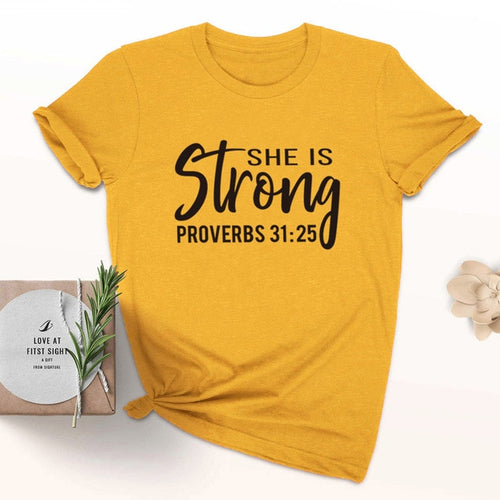 Load image into Gallery viewer, She is Strong Proverbs 31:25 Christian Statement Shirt-unisex-wanahavit-gold tee black text-S-wanahavit
