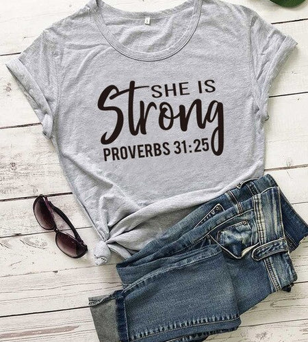 She is Strong Proverbs 31:25 Christian Statement Shirt-unisex-wanahavit-gray tee black text-M-wanahavit