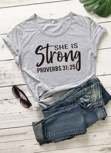 Load image into Gallery viewer, She is Strong Proverbs 31:25 Christian Statement Shirt-unisex-wanahavit-gray tee black text-M-wanahavit
