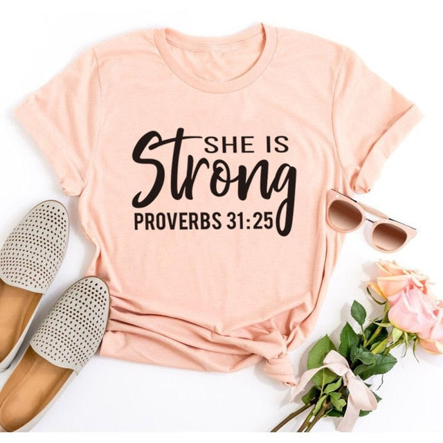 She is Strong Proverbs 31:25 Christian Statement Shirt-unisex-wanahavit-peach tee black text-XXXL-wanahavit