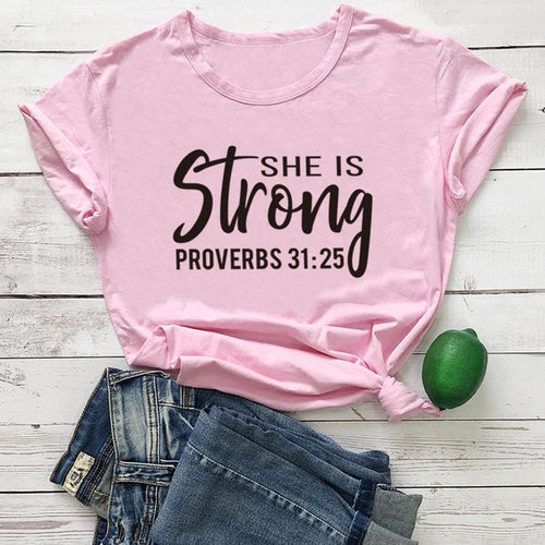 Load image into Gallery viewer, She is Strong Proverbs 31:25 Christian Statement Shirt-unisex-wanahavit-pink tee black text-S-wanahavit
