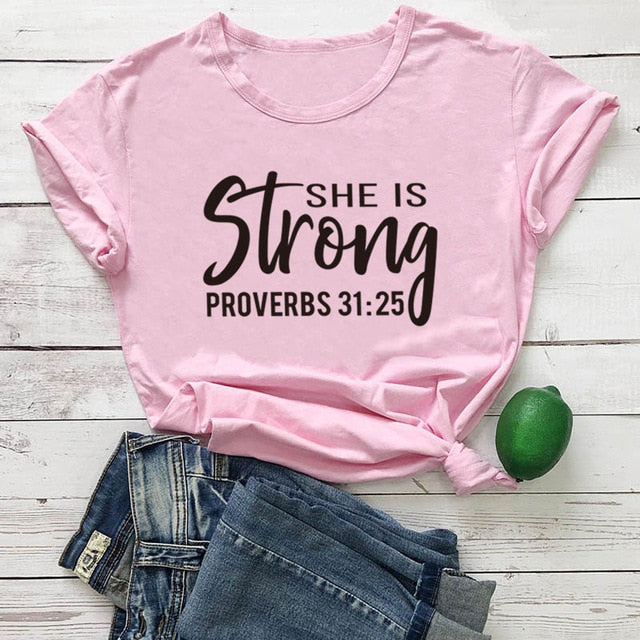 She is Strong Proverbs 31:25 Christian Statement Shirt-unisex-wanahavit-pink tee black text-S-wanahavit