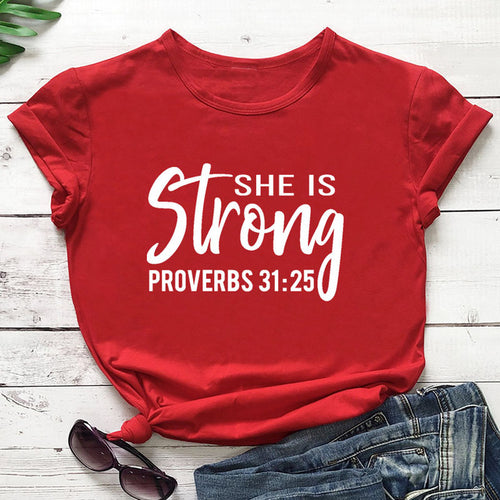 Load image into Gallery viewer, She is Strong Proverbs 31:25 Christian Statement Shirt-unisex-wanahavit-red tee white text-M-wanahavit
