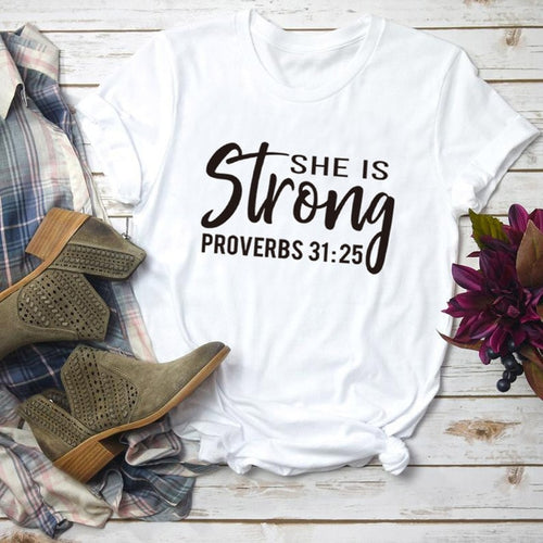 Load image into Gallery viewer, She is Strong Proverbs 31:25 Christian Statement Shirt-unisex-wanahavit-white tee black text-XL-wanahavit
