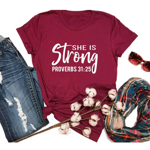 Load image into Gallery viewer, She is Strong Proverbs 31:25 Christian Statement Shirt-unisex-wanahavit-burgundy-white text-S-wanahavit

