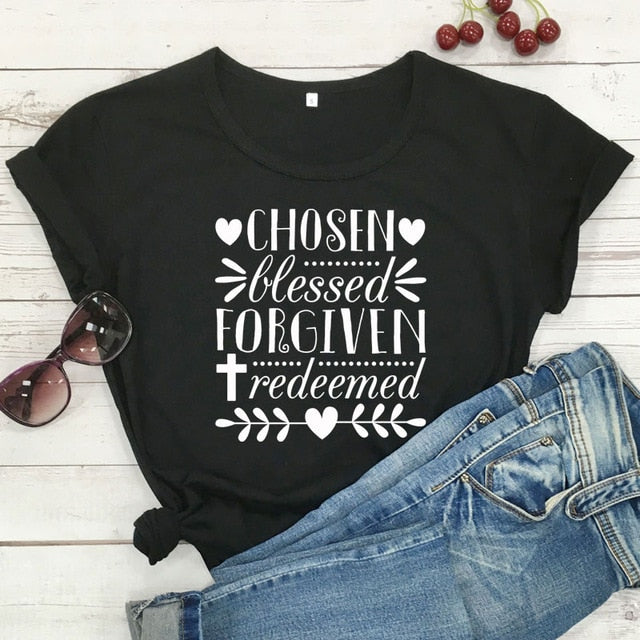 Chosen Blessed Forgiven Redeemed Christian Statement Shirt-unisex-wanahavit-black tee white text-S-wanahavit