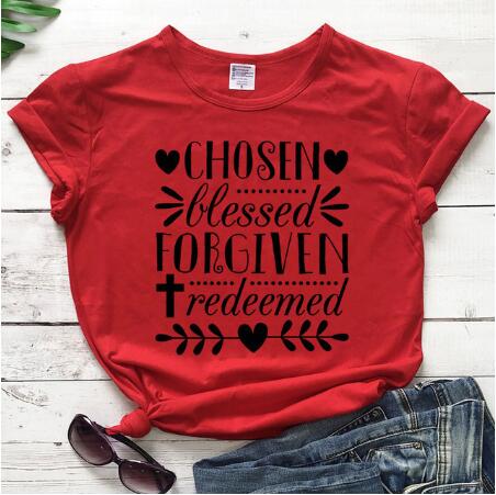 Load image into Gallery viewer, Chosen Blessed Forgiven Redeemed Christian Statement Shirt-unisex-wanahavit-red tee black text-S-wanahavit
