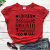 red tee black text