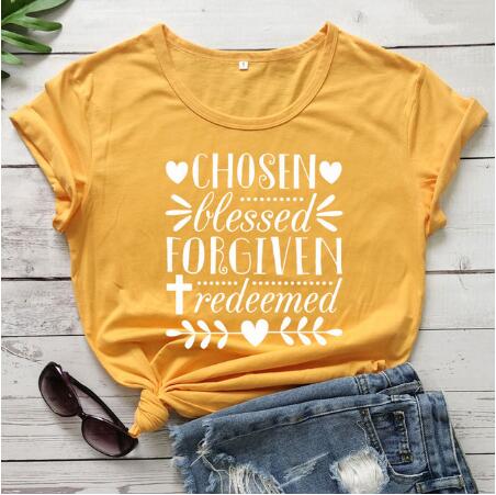 Load image into Gallery viewer, Chosen Blessed Forgiven Redeemed Christian Statement Shirt-unisex-wanahavit-gold tee white text-XXXL-wanahavit
