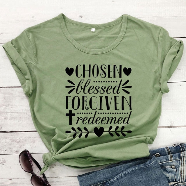 Chosen Blessed Forgiven Redeemed Christian Statement Shirt-unisex-wanahavit-olive tee black text-S-wanahavit