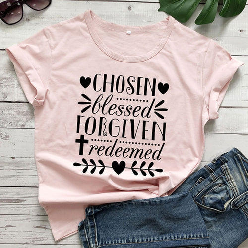 Load image into Gallery viewer, Chosen Blessed Forgiven Redeemed Christian Statement Shirt-unisex-wanahavit-peach tee black text-S-wanahavit
