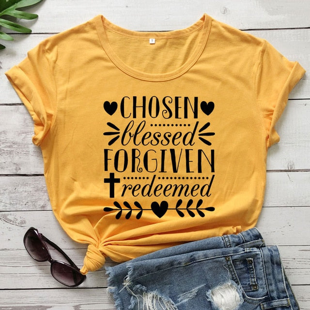 Chosen Blessed Forgiven Redeemed Christian Statement Shirt-unisex-wanahavit-gold tee black text-S-wanahavit