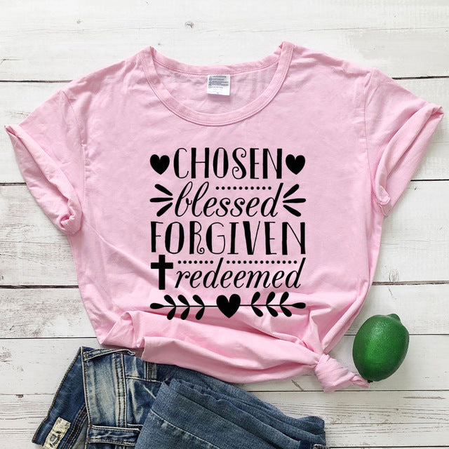 Chosen Blessed Forgiven Redeemed Christian Statement Shirt-unisex-wanahavit-pink tee black text-S-wanahavit