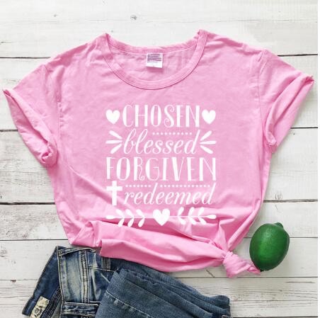 Chosen Blessed Forgiven Redeemed Christian Statement Shirt-unisex-wanahavit-pink tee white text-S-wanahavit