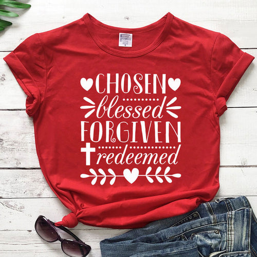 Load image into Gallery viewer, Chosen Blessed Forgiven Redeemed Christian Statement Shirt-unisex-wanahavit-red tee white text-L-wanahavit
