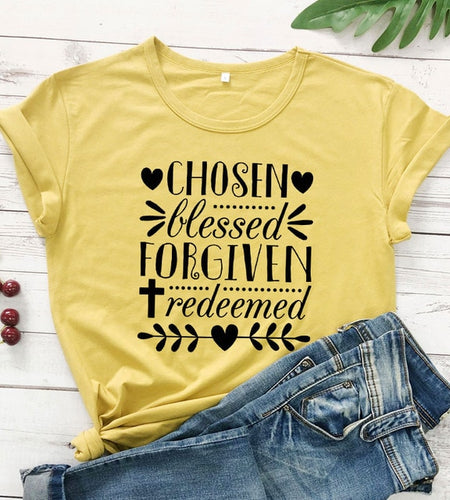 Chosen Blessed Forgiven Redeemed Christian Statement Shirt-unisex-wanahavit-mustard-black text-S-wanahavit