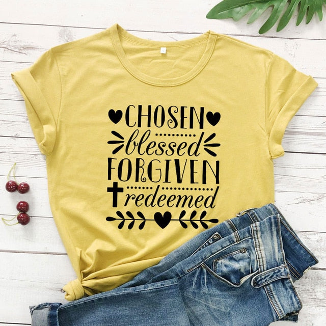 Chosen Blessed Forgiven Redeemed Christian Statement Shirt-unisex-wanahavit-mustard-black text-S-wanahavit