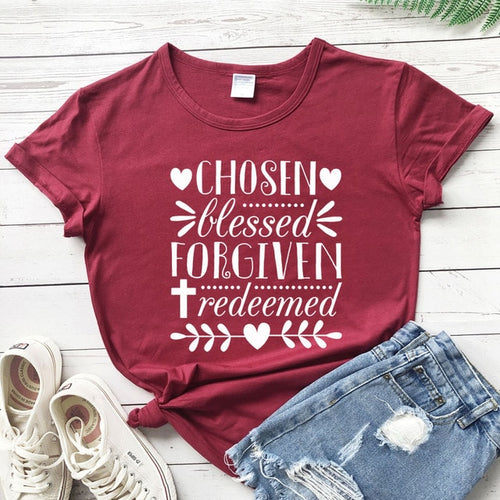 Load image into Gallery viewer, Chosen Blessed Forgiven Redeemed Christian Statement Shirt-unisex-wanahavit-burgundy-white text-S-wanahavit
