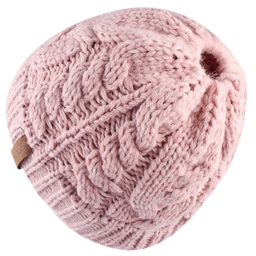 Winter Ponytail Messy Bun Casual Warm Knitted Winter Beanie-women-wanahavit-pink-wanahavit