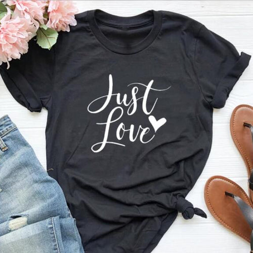 Load image into Gallery viewer, Just Love Heart Stylish Cotton Christian Statement Shirt-unisex-wanahavit-black tee white text-L-wanahavit
