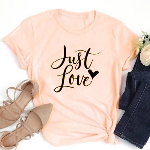 Load image into Gallery viewer, Just Love Heart Stylish Cotton Christian Statement Shirt-unisex-wanahavit-peach tee black text-XXXL-wanahavit
