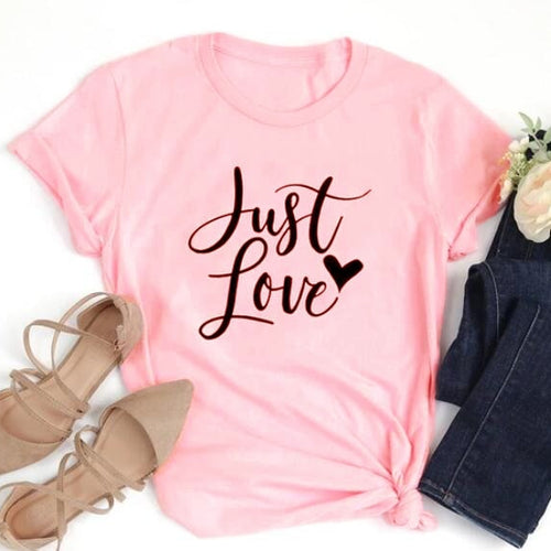 Load image into Gallery viewer, Just Love Heart Stylish Cotton Christian Statement Shirt-unisex-wanahavit-pink tee black text-XXXL-wanahavit
